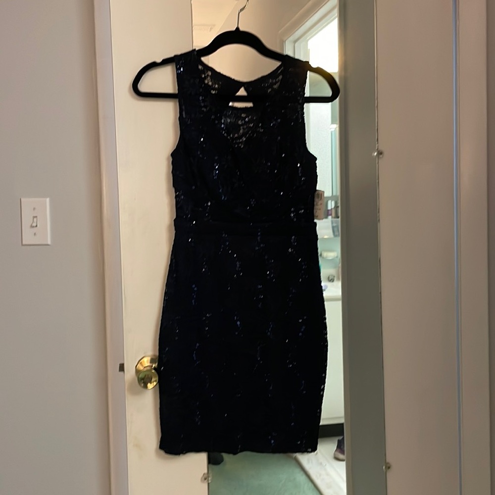 Beautifully beaded, backless dark blues MOB dress or prom